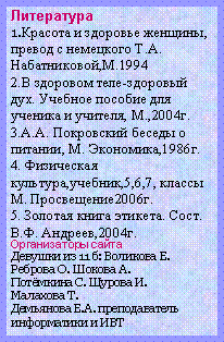 Подпись: Литература1.Красота и здоровье женщины, превод с немецкого Т.А. Набатниковой,М.19942.В здоровом теле-здоровый дух. Учебное пособие для ученика и учителя, М.,2004г.3.А.А. Покровский беседы о питании, М. Экономика,1986г.4. Физическая культура,учебник,5,6,7, классы М. Просвещение2006г.5. Золотая книга этикета. Сост. В.Ф. Андреев,2004г.Организаторы сайтаДевушки из 11 б: Воликова Е.Реброва О. Шокова А.Потёмкина С. Щурова И.  Малахова Т.Демьянова Е.А. преподаватель информатики и ИВТ